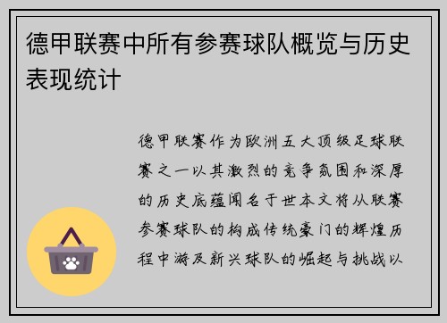 德甲联赛中所有参赛球队概览与历史表现统计